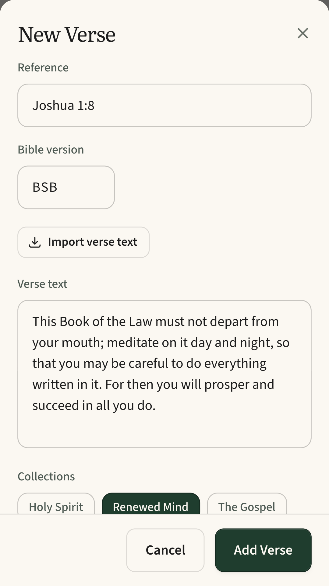 Adding a verse by typing its reference