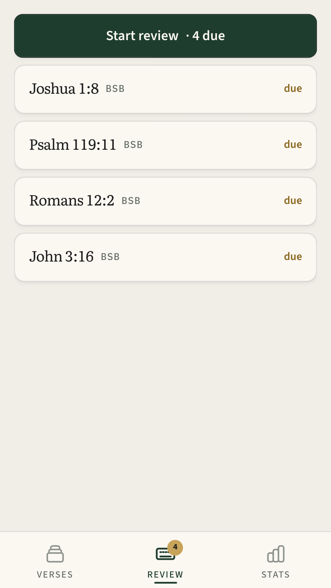 Review queue showing verses due for practice