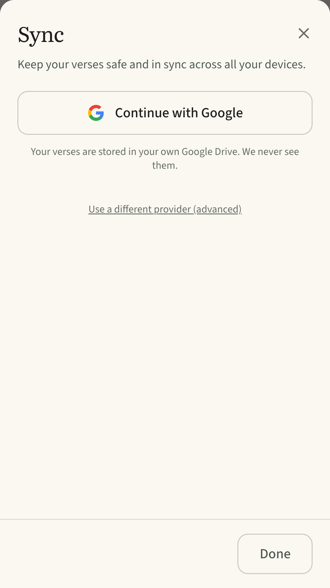 Google Drive sync settings in Ruminate